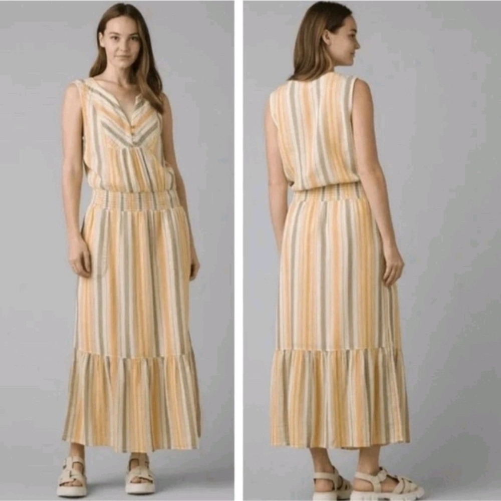 Prana California Dreaming Maxi Dress Organic Cotton In Golden Hour Stripe Small